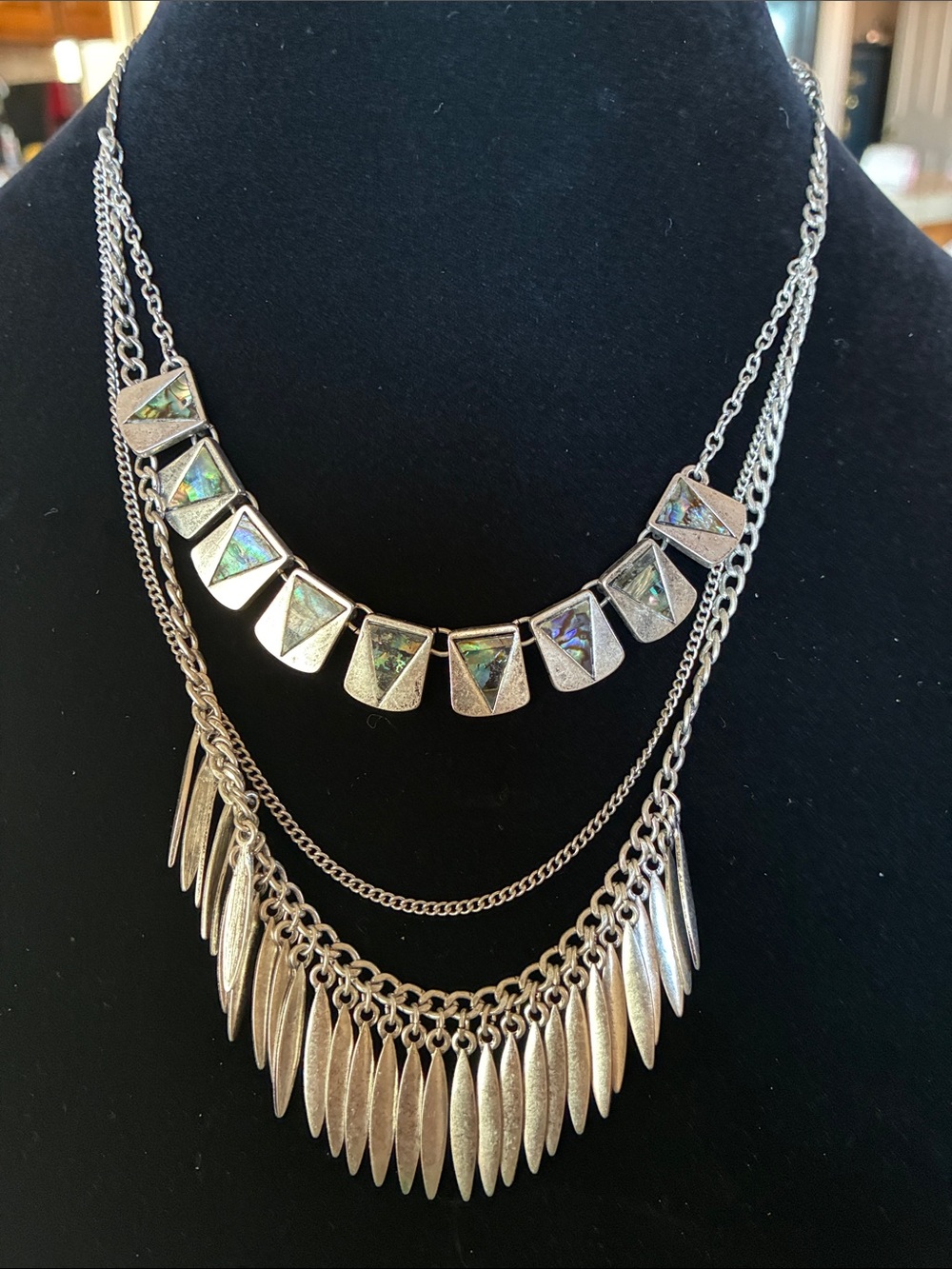 Silver Multi-Layer Statement Necklace with Iridescent Accents